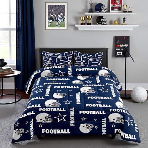 American Football Bedding Set Twin Size for Kids Boys Navy Blue Grey Helmet Stars Print Comforter Set Teens Room Decor Cowboys Men Football Sports Quilt Set Vintage Style Duvet Insert 2Pcs