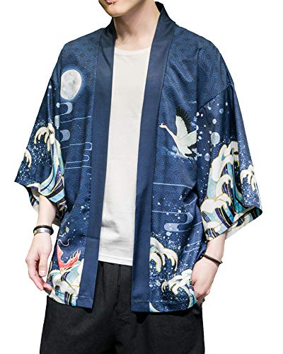 Image of Men's Japanese Kimono Robe Jacket Lightweight 3 /4 Sleeve Open Front Yukata | Silky Smooth Fashion Print Happi Coat Lightweight Breathable Loose Unisex Haori Casual Summer Cardigan Daily Beach Vacation