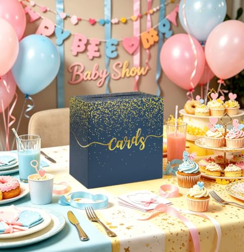 Image of Navy Blue Wedding Card Box with Gold Foil Navy Gift Card Holder Box for Party Graduation Wedding Reception Birthday Baby Shower Retirement Cardboard Envelope Raffle Box with Slot