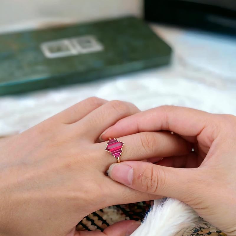 Hexagon Cut Ruby Engagement Ring with Baguette Cut Ruby Accents Bridal Wedding Ring Handmade Timeless Jewelry for Her