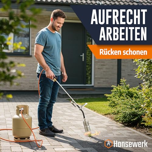 Hansewerk® Abflammgerät mit Piezozündung inkl. Druckregler und 5 Meter Gasschlauch. Unkrautbrenner Unkrautbeseitigung Gasflasche Gasbrenner unkraut brenner unkrautvernichter gas (Silber)