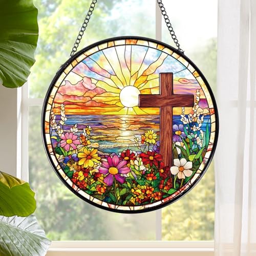 Rngmsi Cross Flower Stained Glass Window Hanging Gift 7.8 Sun Catchers Indoor Window Decor Decorative Suncatchers Home Garden Art Religious Gift for Thanksgiving Christmas Housewarming