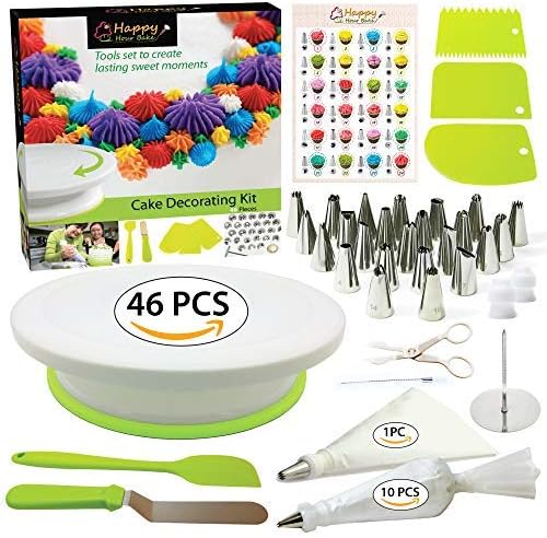 Happy Hour Bake 46pcs Beginner Cake Decorating Kit Baking Supplies with Rotating Cake Stand - Baking Kits for Adults or Kids- Cupcake Decorating Kit with Icing Bags and Tips- Cake Decorating Supplies