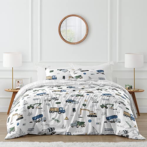Image of Sweet Jojo Designs Construction Truck Boy Full /Queen Bedding Set Kids Comforter Childrens Size - 3 Pieces - Grey Yellow Black Blue and Green Transportation Chevron Arrow