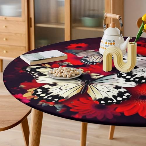 Nappe élastique imperméable et lavable - Nappe ronde fleurs et papillons