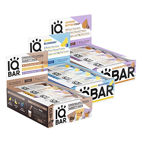 Iqbar Brain And Body Keto Protein Bars 12-Count Chocolate Lovers Variety, Lemon Blueberry & Almond Butter Chip - Low Carb Protein Bars, High-Fiber Vegan Bars, Low Sugar Meal Replacement Bars #TOP4
