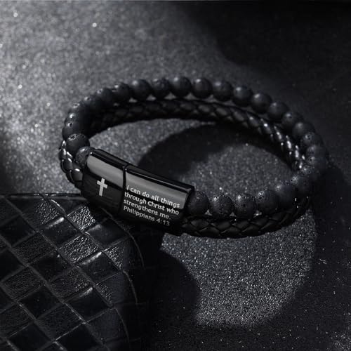 Pulsera de cuero tejido con cruz y cuentas de piedra lava para hombre miniatura 5