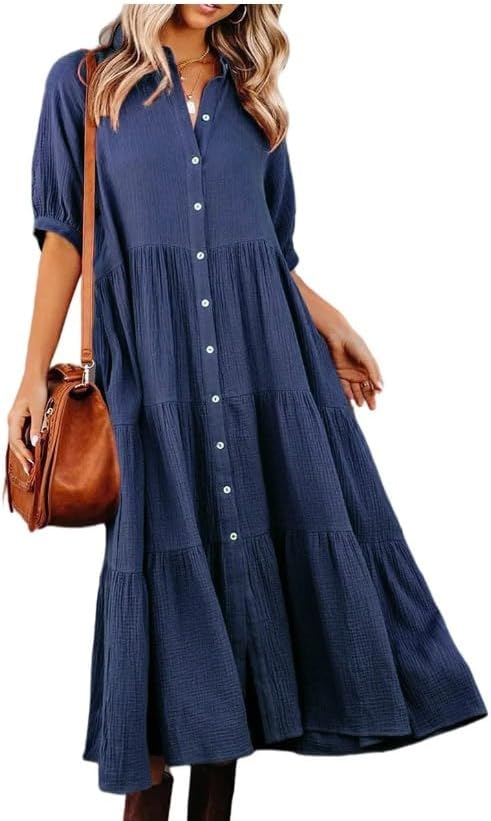utcoco Womens Puff Sleeve Button Down Maxi Shirt Dresses Casual Loose Fit Tiered Swing A Line Cotton Long Shirt Dress