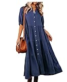 Nwowpl Hivebabe 2024 Women's Summer Cotton Half Sleeves Midi Dress with Pockets V Neck Casual Loose Dress (US, Alpha, Medium, Regular, Regular, Dark Blue)