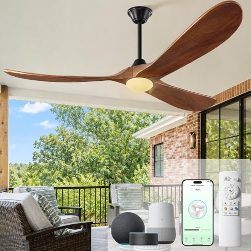 Image of Outdoor Ceiling Fans with Lights-Glass Lamp, 60 inch Smart Ceiling Fan with WIFI Alexa and App Remote Control, Damp Rated Wood Propeller Blades for Patios & Porch, 3 Blades, High CFM 6 Speed, Walnut