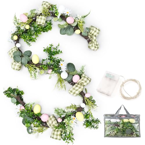 Presentastic 6ft Easter Garland Decorations, 2-in-1 Easter Garland-to-Wreath for Mantel, Fireplace with 18 Pastel Eggs, LED Lights and Storage Bag, Easter Decor for Front Door, Window, Table, Entryway