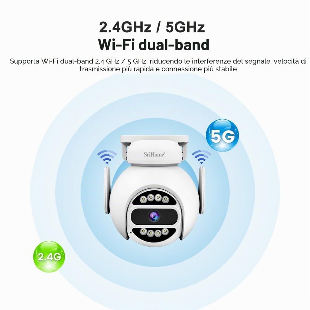 SRIHOME 4MP Rete WiFi a Doppia Banda, Fotocamera di Sorveglianza PTZ, Inseguimento Movimento, Visione Notturna, IP66 Impermeabile, Audio 2-Way, Tutela Della vita Privata, Uso Interno/Esterno