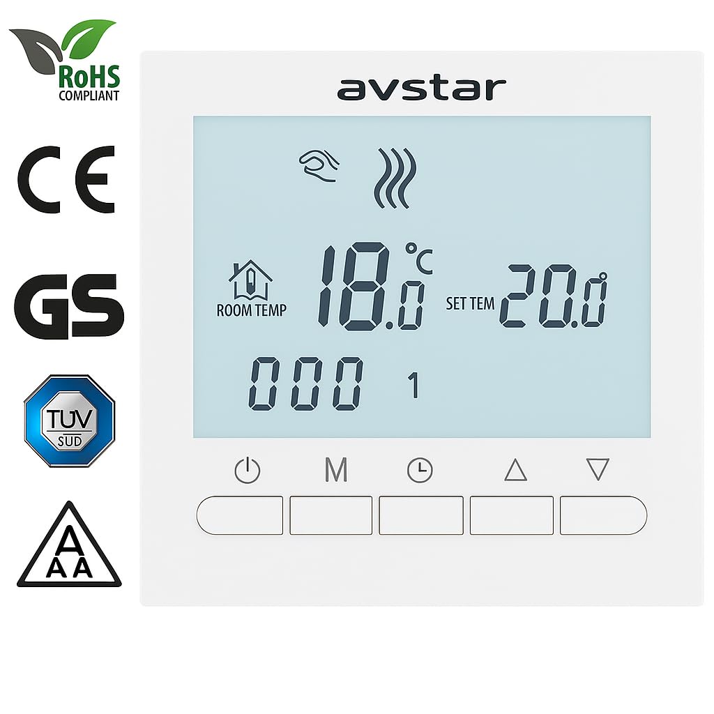 AVStar - Termostato Inteligente Digital programable para calefacción de calderas de Gas - Pantalla LCD para Facilidad de Control y programación (Blanco)