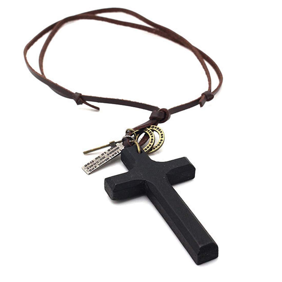 LNKRE JEWELRY Cross Necklace for Men with Leather Chain Vintage Look Wood Necklace