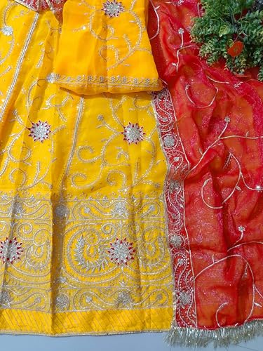 Image of Heavy Embroidery Work Semi Stitched Shimmer Silk Designer Rajputi Poshak For Women Rajasthani Lehenga Choli