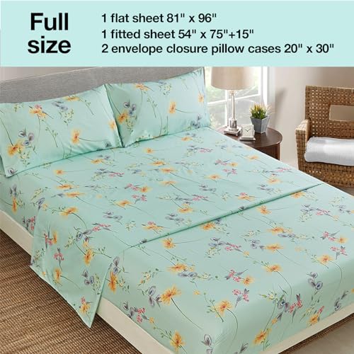 Image of JSD Green Floral Printed Full Sheet Set Extra Deep Pocket | 4 Piece Soft Botanical Microfiber Sheets, OEKO-TEX Certified, Easy Care