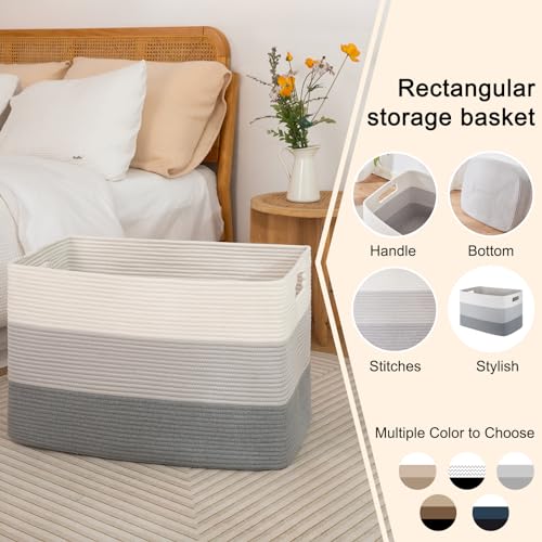Image of OIAHOMY 108L Large Cotton Rope Basket, Rectangle Woven Baskets for Storage, Nursery Blanket Storage Living Room, Toy Basket With Handle-25 inchx16 inchx16 inch-Gradient Grey