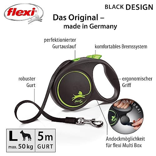 flexi® Black Design L Gurt 5 m schwarz/grün, Roll-Leine für Hunde bis 50 kg