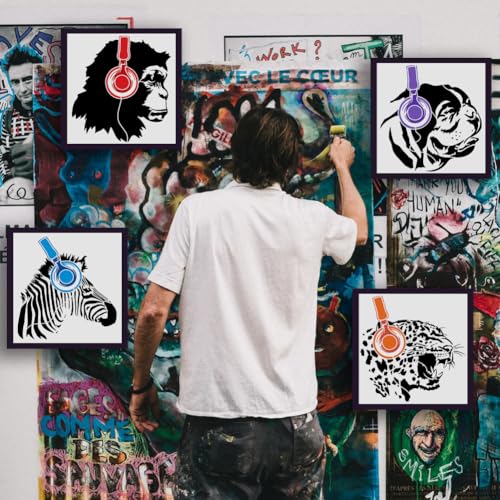 FINGERINSPIRE 4PCS Banksy Animal Headphones Painting Stencils 30x30cm Reusable Monkey Dog Drawing Templates Hollowed Leopard Zebra Stencils for Painting Animal Theme Templates for DIY Crafts - Image 4