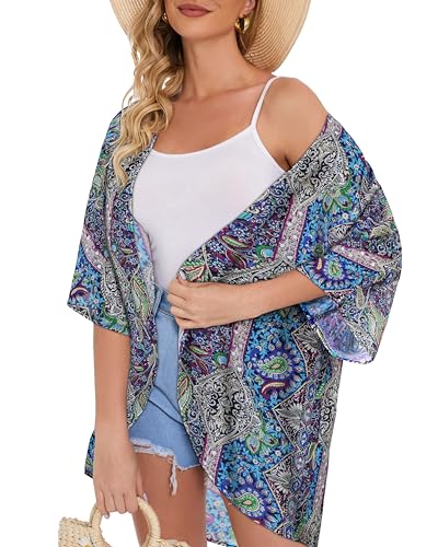 Image of Women's Floral Print Puff Sleeve Kimono Cardigan Loose Cover Up Casual Blouse Tops 2026