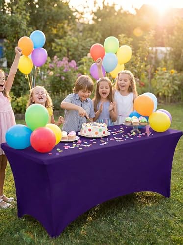 Image of Utopia Kitchen Spandex Tablecloth 2 Pack [8FT, Purple] Tight, Fitted, Washable and Wrinkle Resistant Stretch Table Cloth Rectangle Cover for Trade Show, Weddings & Parties [96Lx30Wx30H Inch]