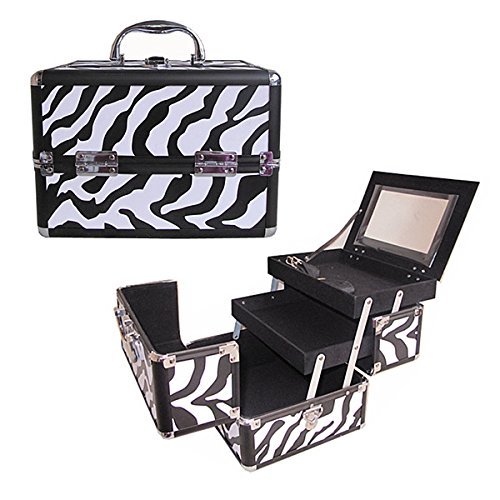 BerucciTM Professional Zebra 10" Lightweight Aluminum Makeup Artist Organizer Kit with 2 Extendable Trays, Aluminum Trimming, Lock and Keys, Mirror, and Shoulder Strap