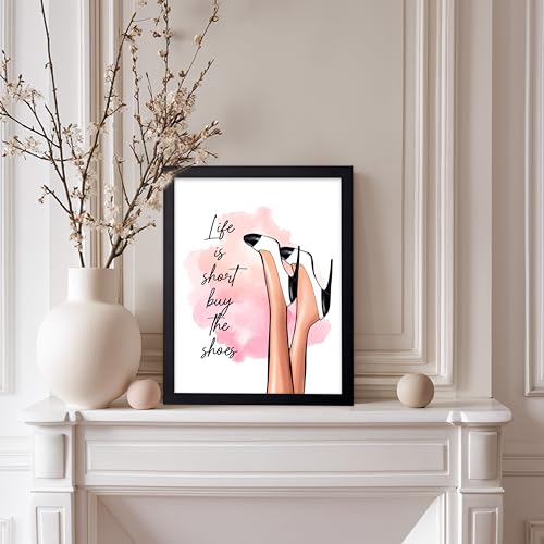 Image of Poster Master Life is Short Buy The Shoes Poster - Fashion Print - Trendy Art - Modern Art - Gift for Her & Fashionista - Luxury Haute Couture Decor for Bedroom or Girls Room, 11x14 Black Framed