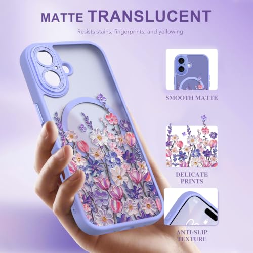 Image of Magnetic for iPhone 17 Case for Women Girls, Purple Floral | Cute Oil Painting Flower Pattern Design [Compatible with MagSafe] [Full Camera Protection] Translucent Slim Shockproof Cover