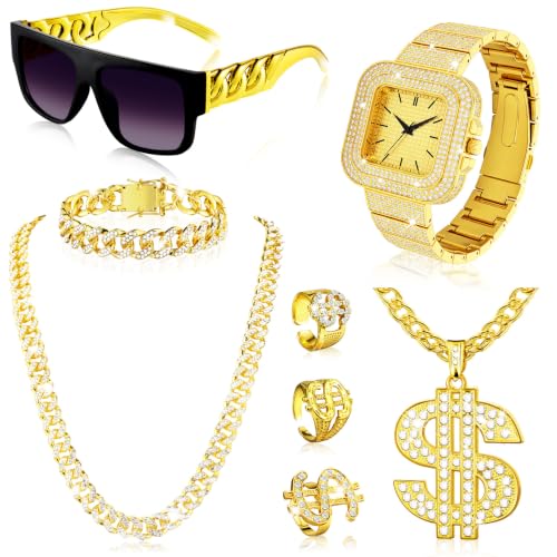 Ferreve 8 Pcs Hip Hop Jewelry Set Dollar Sign Gold Pendant Necklace Bracelet Watch Sunglasses Rings 80s 90s for Men(Gold)