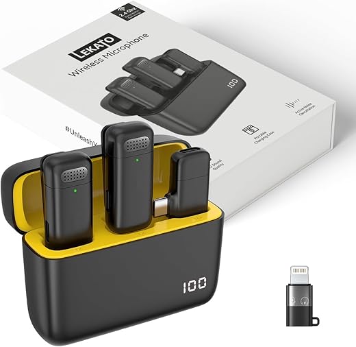 LEKATO Wireless Mic with Noise Reduction, Support iPhone & Type-C Android, Dual Channel Video Recording Mics for YouTube Wireless | Mic Wireless | Charging Case Included