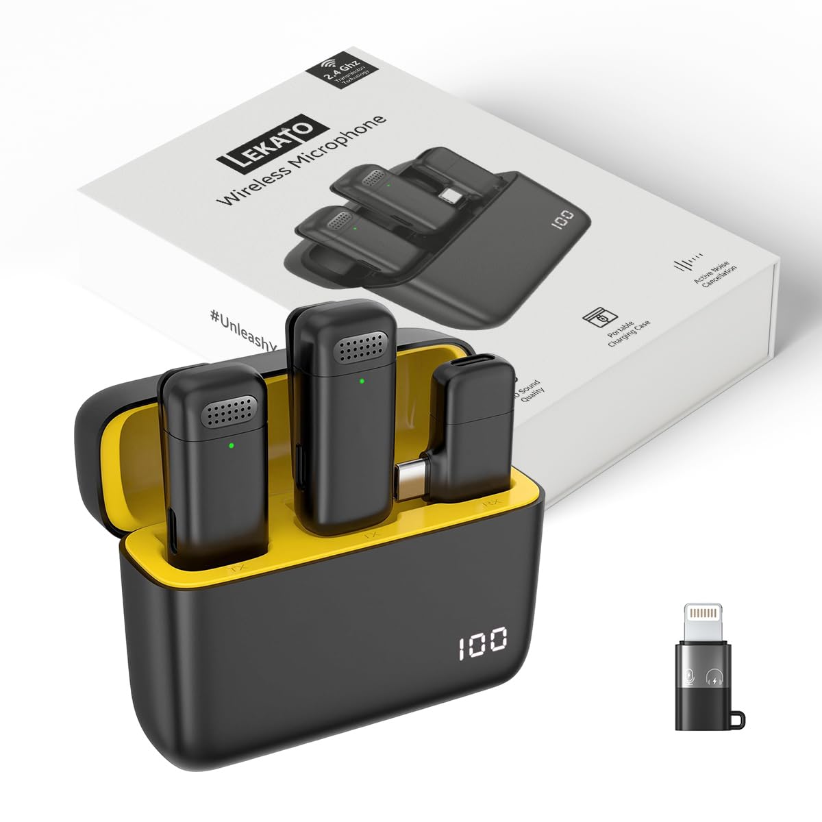 LEKATO Wireless Mic with Noise Reduction, Support iPhone & Type-C Android, Dual Channel Video Recording Mics for YouTube Wireless | Mic Wireless | Charging Case Included