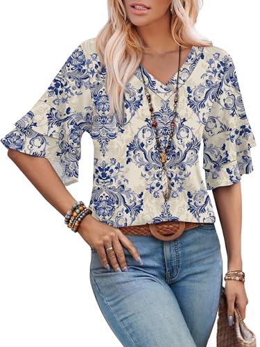 Image of OFEEFAN Spring Tops for Women Boho Shirts Fashion Clothing Cute 3 /4 Length Sleeve Blouses Dressy Casual Summer Outfits
