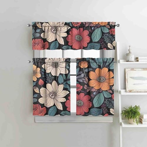 Image of Boho Kitchen Curtains 3 Piece Set Tier Valance Window Decor