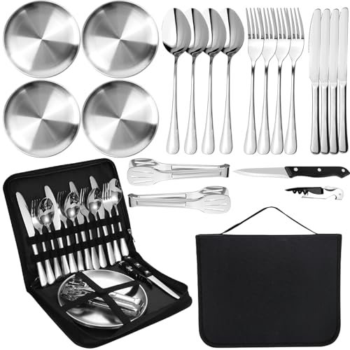 MORAINJAY 20 Piezas Vajilla Camping para 4 Personas Plata,Juego de Cubiertos de Acero Inoxidable con Platos,Cuchillos,Tenedores,Cucharas y Pinza,Incluye Estuche de Transporte