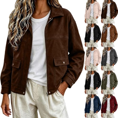 TERGHTP Women's Faux Suede Jacket Lapel Collar Zip Up Leather Fall Jacket - image 1
