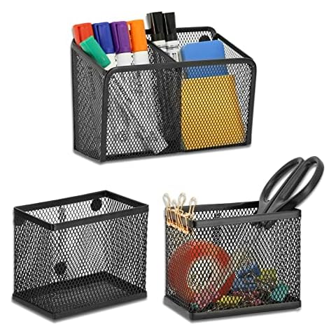 Neudeco Locker Shelf Organizer, Magnetic Pencil Holder, Metal Storage Basket for Whiteboard, Refrigerator, Ideal Cabinet for School, Black (Pack 3L) Cover