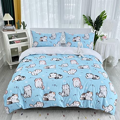 HOSIMA Blue Cats Duvet Cover Double Size, Kawaii Cat Bedding Set, Durable Comforter Cover Set for Boys Girls Easy Care (No Comforter)