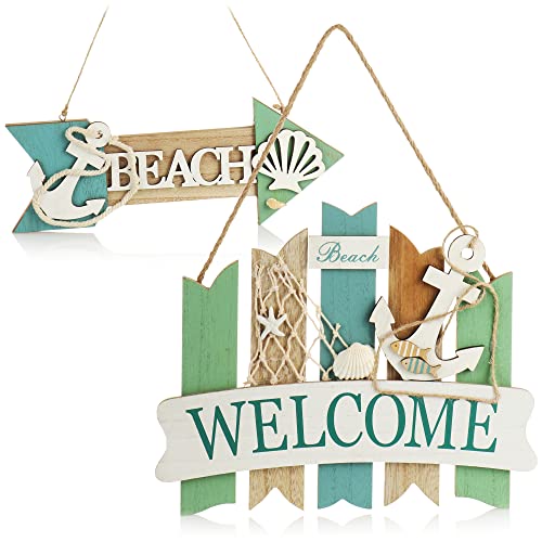 COM-FOUR® 2x decoración colgante de madera - letrero de puerta en diseño costero - decoración de pared marítima vintage - colgador decorativo (2 piezas - valla + flecha verde-azul)