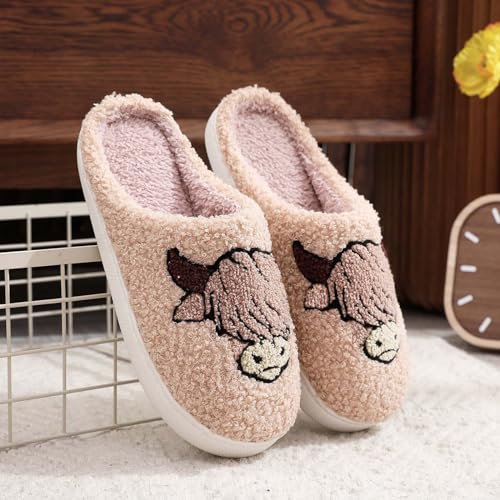 Highland Cow Slippers for Women Plush Scottish Highland Cow Animal Slippers Warm Non Slip Home Indoor Slippers3