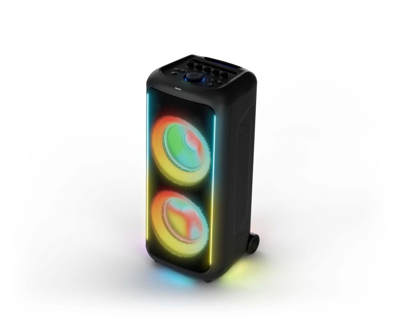 Philips TAX5000E Altoparlante feste Bluetooth 200W Max, Bass+, Spettacolo di luci, Batteria 14h, TWS & Auracast, Ingressi mic/chitarra, IPX4 impermeabile, USB, AUX, Controllo app, Rotelle e maniglia