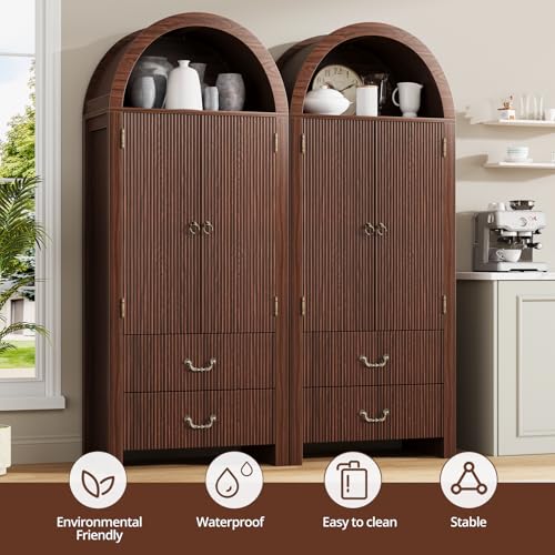 FURSUN 71" Tall Fluted Arched Cabinet with Doors, Wood Pantry Storage Cabinet with 2 Large Drawers, Modern Versatile Bookcase for Living Room, Kitchen, Dining (Dark Walnut)