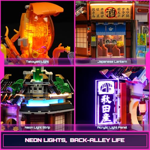 Image of FUNWHOLE Cyberpunk Japanese-Izakaya Lighting-Building-Bricks Set - Cyberpunk Neon City Future Pub Japanese Street View House Collection LED Light Model Set 1987 Pcs for Adults and Sci-fi Lovers