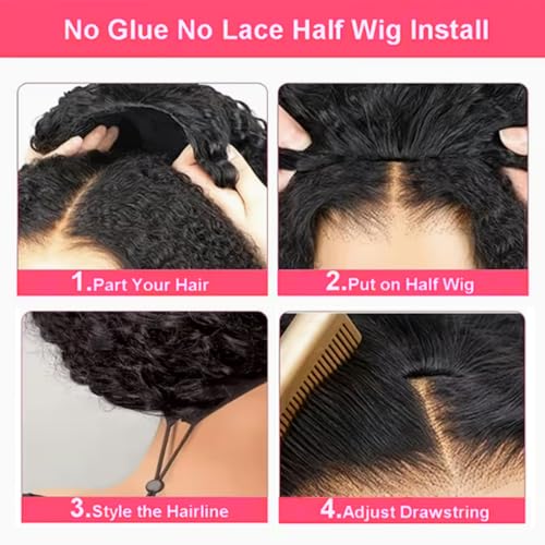 Image of WENYAN Kinky Curly Half Wig Human Hair 26 Inch Glueless Wigs Natural Black | 180% Density,3 In 1 Drawstring Seamless Flip Over Curly Half Wigs for Black Women,Headband Wig Wear and Go Beginner Friendly