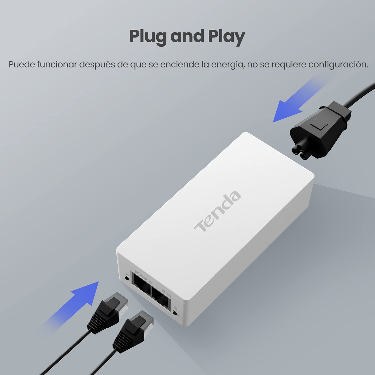 Tenda PoE30G-AT PoE Inyector, Adaptador, Alimentador, 2 Puertos Gigabit RJ45, IEEE 802.3af / at, Plug and Play, Proporciona Energía hasta 100 Metros, 30W, 51V, Blanco