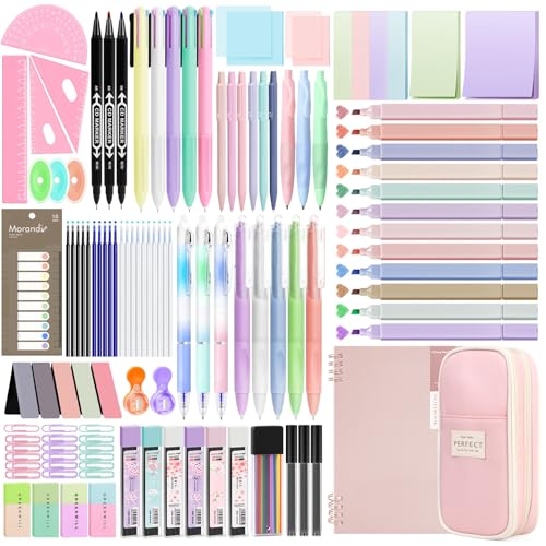 Focxoio 146PCS Aesthetic Stationery Supplies with Pen Case & Notebook 12 Pastel Highlighters 3 Erasable Pens 5 Multicolor Pen 5 Gel Pen 9 Mechanical Pencil Stationery Set for Students School Supplies