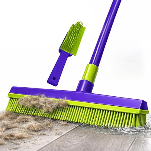 Rubber Broom with Telescopic Handle Pet Hair Remover Broom for Carpets Rugs & Hard Floors Rubber Bristle Sweeping Brush for Laminate Tile & Patio Wet & Dry Indoor Outdoor Floor Cleaning Tool