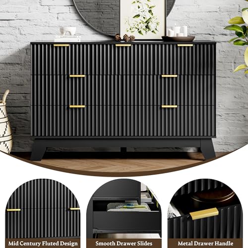 Image of HUANLEGO 48 inch W Fluted Dresser for Bedroom with 7 Drawers, Black | Mid Century Modern Dressers & Chest of Drawers, Boho Dresser for Closet, 7 Drawer Storage TV Stand for Bedroom