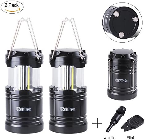 Camping Lantern, LED Lantern Lights with Magnetic Base 2 Pack Portable Camping Gear COB Water Resistant Survival Kit for Emergency, Whistle and Fire Starter Kit Included (Black - Pack of 2)