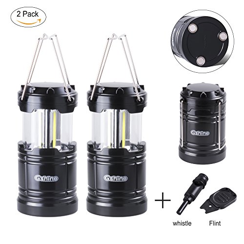 Camping Lantern, LED Lantern Lights with Magnetic Base 2 Pack Portable Camping Gear COB Water Resistant Survival Kit for Emergency, Whistle and Fire Starter Kit Included (Black - Pack of 2)
