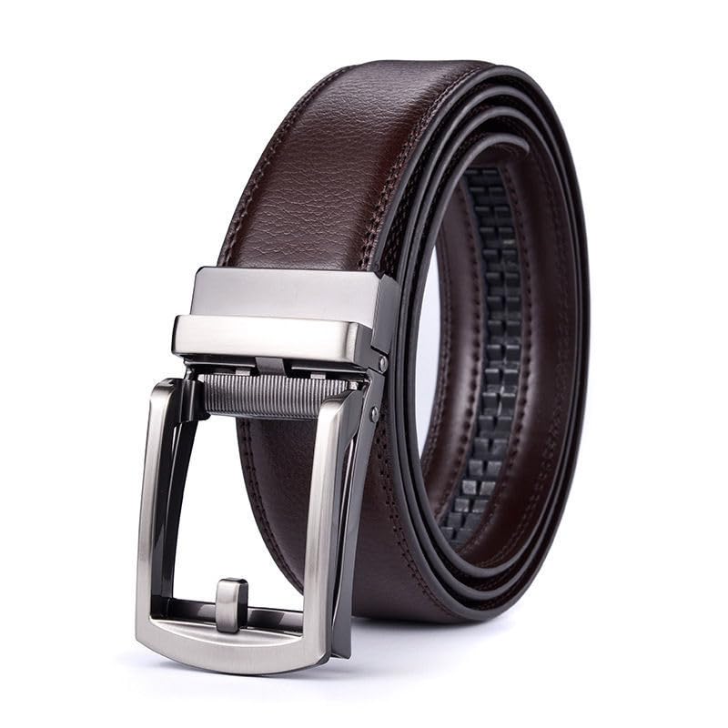 Mens Genuine Leather Ratchet Dress Belts 2 Pack, Automatic Buckle Click Sliding Belt for Casual Golf Business
